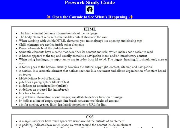 screenshot of bootcamp prework page